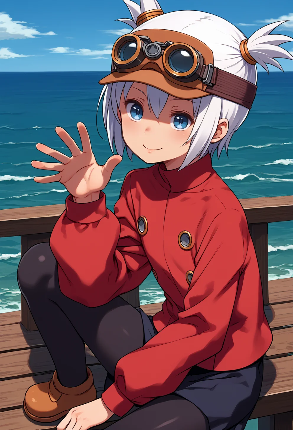 score_9, score_7_up, source_anime, BREAK solo, <lora:Pratty_XL:1> Pratty, blue eyes, short hair, white hair, short twintails, hair through headwear, goggles, brown headwear, red shirt, short over long sleeves, black long sleeves, red skirt, black pantyhose, leather breastplate, brown footwear, smile, ocean, shore, against railing, <lora:kuroboshi_kouhaku_PonyXL_style_v01.09:1>