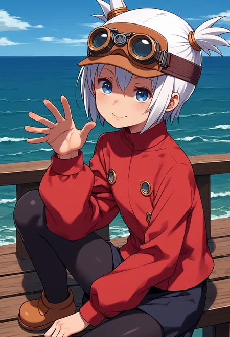 score_9, score_7_up, source_anime, BREAK solo, <lora:Pratty_XL:1> Pratty, blue eyes, short hair, white hair, short twintails, hair through headwear, goggles, brown headwear, red shirt, short over long sleeves, black long sleeves, red skirt, black pantyhose, leather breastplate, brown footwear, smile, ocean, shore, against railing, <lora:kuroboshi_kouhaku_PonyXL_style_v01.09:1>