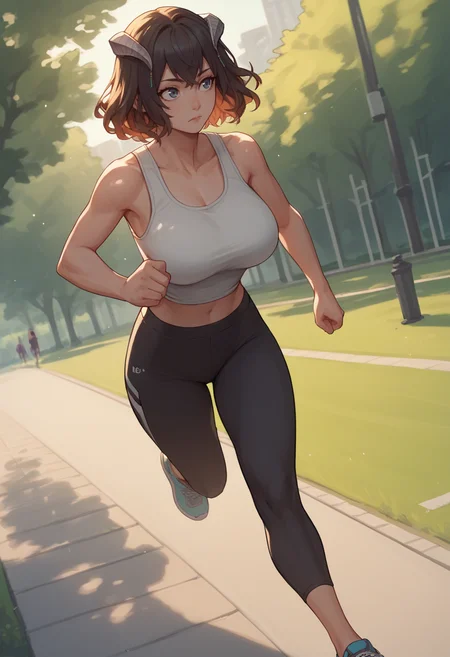 score_9, score_8_up, score_7_up, source_anime, 1girl, closed mouth, dutch angle, <lora:MiriamBS-pdxl:1> miriamBS, short hair, hair ornament, horns, large breasts, tank top, midriff, yoga pants, jogging, park