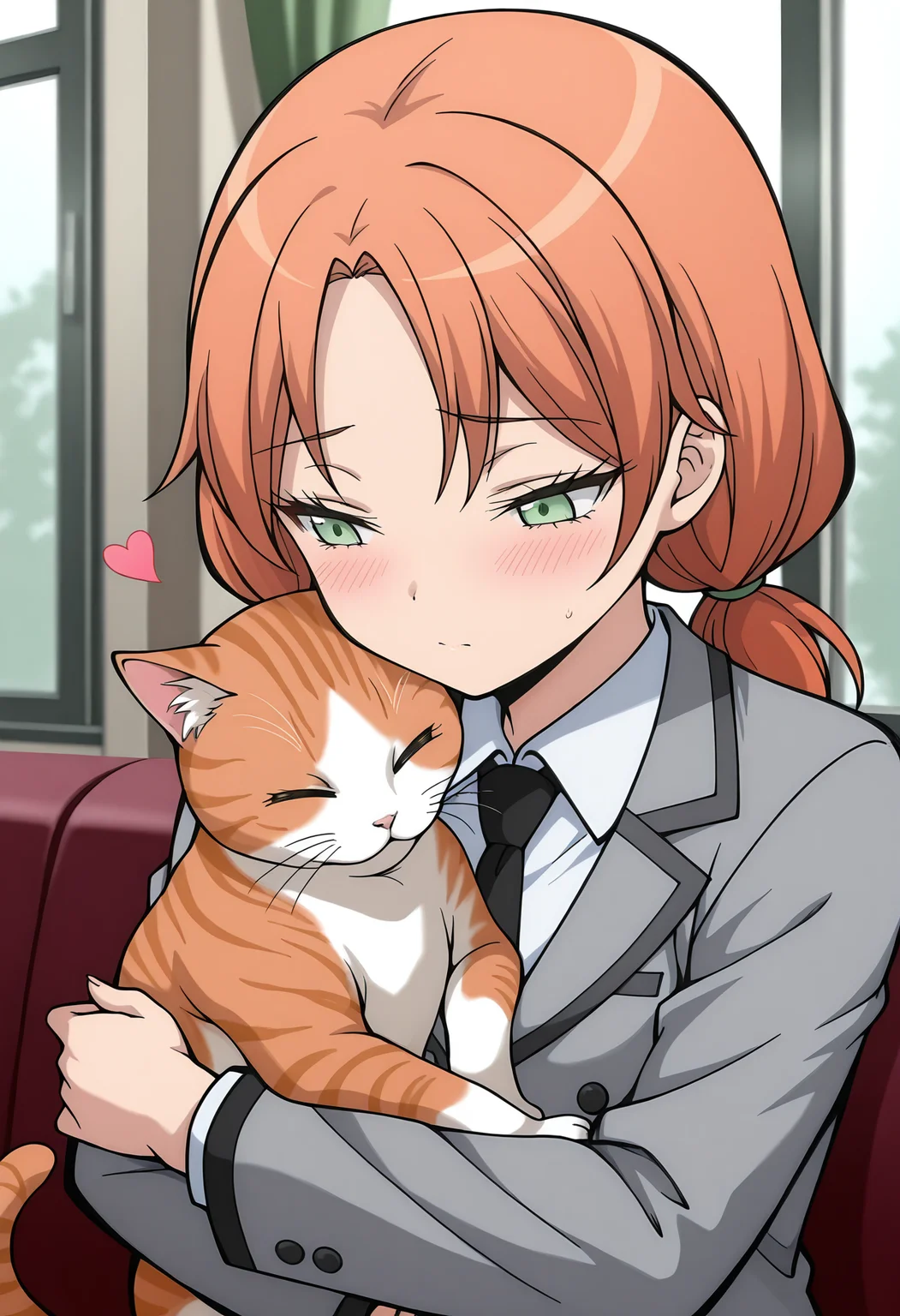 <lora:Hayami_Rinka:1>,Hayami_Rinka,1girl,orange hair,green eyes,low twintails,hug,cat,looking at cat,light_blush,narrowed eyes,=w=,heart,white shirt,collared_shirt,grey jacket,black necktie,upper_body,masterpiece,best quality,amazing quality,very aesthetic,absurdres,newest,indoor,
