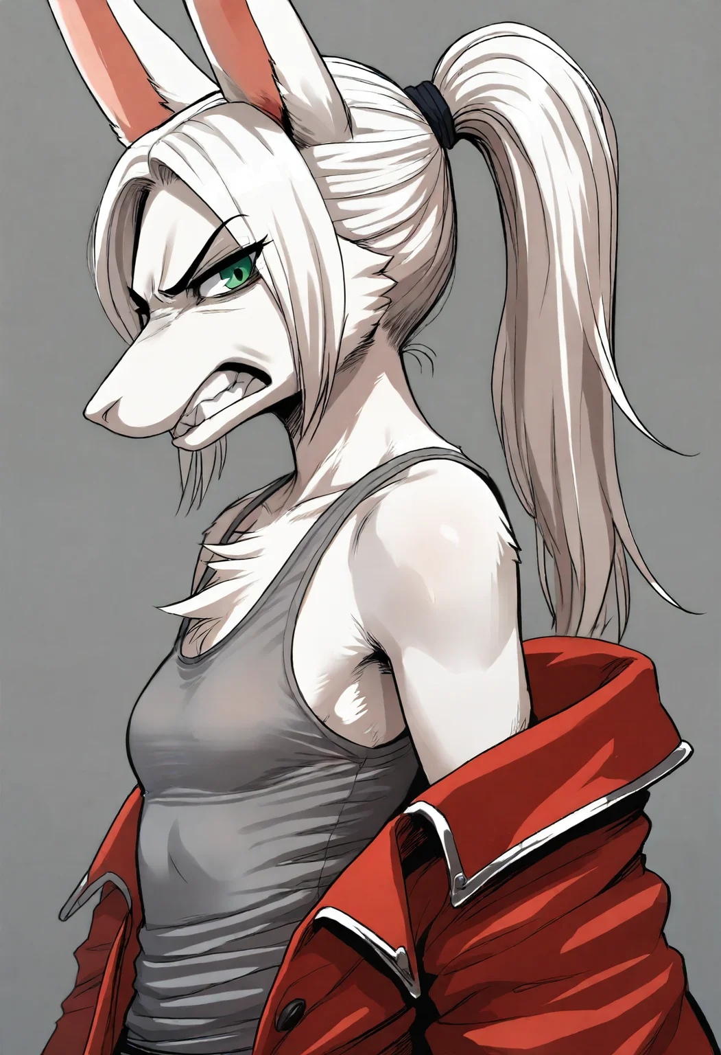 white fur, freyac, 1girl, solo, female, white hair, looking at viewer, green eyes, annoyed, undressing, gritting teeth, clenched teeth, bare shoulders, dragoon coat, red dragoon coat, taking off coat, from side, angry, grey background, small breasts, grey tanktop, glaring, ears, detailed, guoh,
, <lora:Freya11b s97:1>