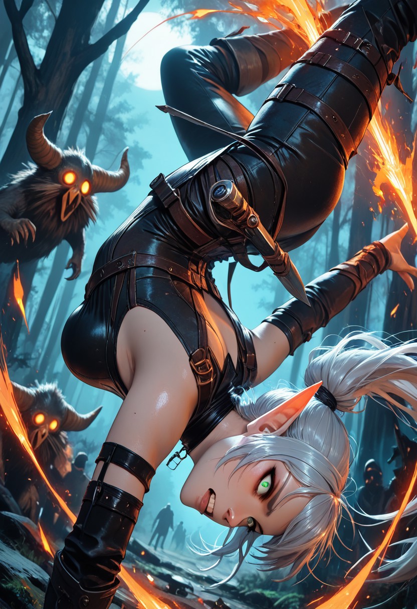 highres, very detailed, amazing quality, masterpiece,
very aesthetic,
particle effect,
1girl, elf, silver ponytail, pointed ears, sharp green eyes, gritted teeth, backflip, mid-air, dagger, scabbard, leather chest wrap, forest, dynamic pose, dynamic angle, battle, projectile trail, (arrows projectile trail), multiple others, (bandits), running, fire, moonlight, incoming attack, dodging, arched back, flexible, motion lines,