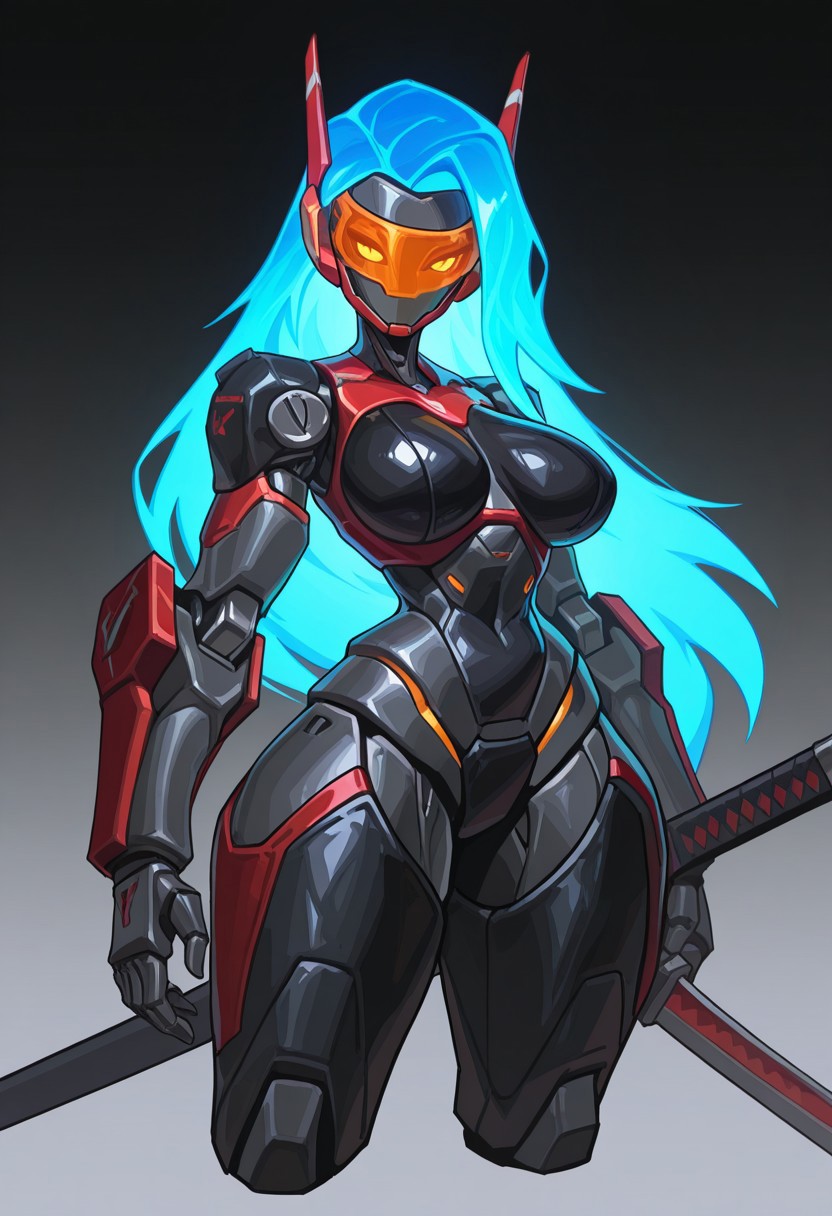 reagan_long, solo, 1girl, large breasts, robot_girl, robot visor, medical_robot, sword_arm, large robotic arms, large robotic hands, large robotic legs, large robotic feet, robot shoulders, robot armor, metalic skin, glowing hair, long hair, glowing eyes, robot antenna ears, cowboy_shot, cropped legs, simple background, masterpiece, best quality, amazing quality, very aesthetic, high resolution, ultra-detailed, absurdres, newest, very awa, dynamic lighting, photorealistic detail, detailed face, detailed eyes, detailed hair, depth of field, volumetric lighting