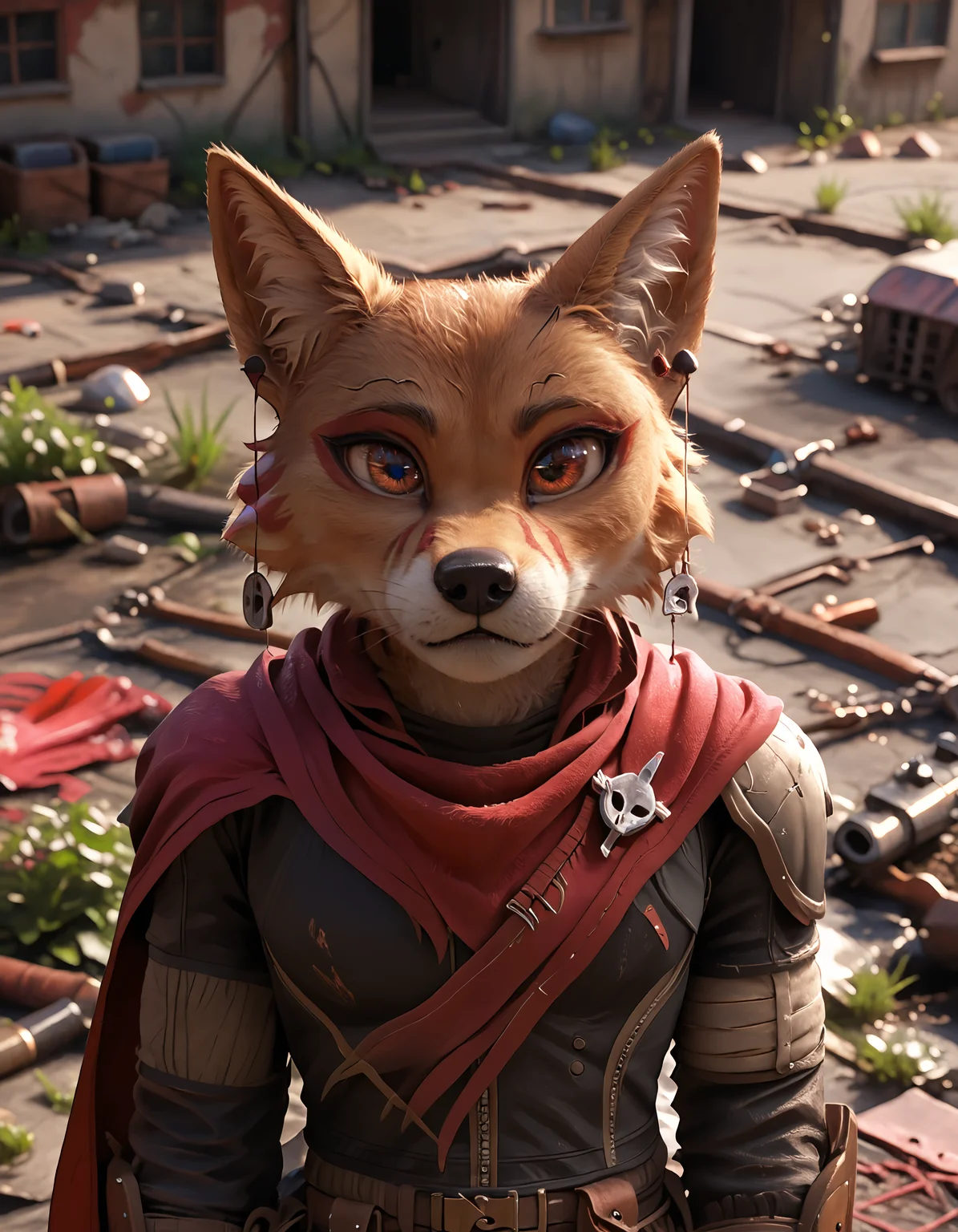 score_9, score_8_up, score_7_up, BREAK rating_safe, detailed, cinematic lighting, hdr, masterpiece, best quality, ultra realistic, 4k, 2k, film photography, RAW photo, photorealistic, analog style, subsurface scattering, photorealism, <lora:add-detail-xl:2.5>, <lora:2.5DRealisticV2.safetensors:0.25>, <lora:sinfully_stylish_SDXL.safetensors:0.6>, <lora:AdvancedEnhancerXLv2.safetensors:0.8>, <lora:<lora:laika_(laika_aged_through_blood)-000010.safetensors:1.0>, solo, anthro, detailed fur, la1ka, coyote, brown body, markings, red eyes, ear piercing, red cape, wasteland, clothed, hold weapon, from above, rape face