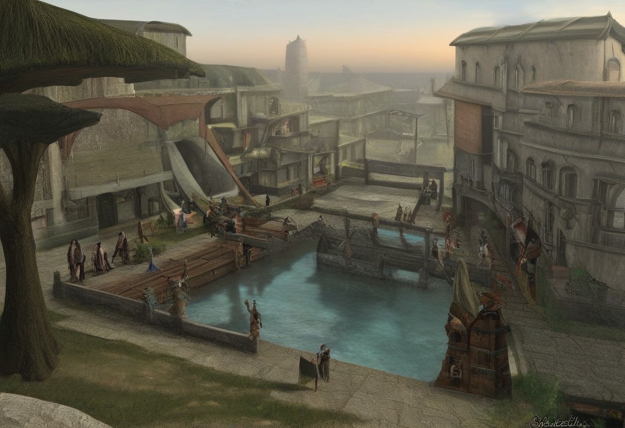 scenary, ascadian isles, clear style, best quality, digital art, morrowind, river, slough, bridge, settlement, dunmer, dunmer architecture, tree, trees, mangrove tree, gondola, colorful fish swimming, mushroom tree, mushroom trees, flora, pier, distant cliff racers, best quality, semirealistic, water, crowd, buildings, city streets, cobblestones, dunmer guard, bonemold armor, sunrise, slight fog, aquatic flora, masterpiece