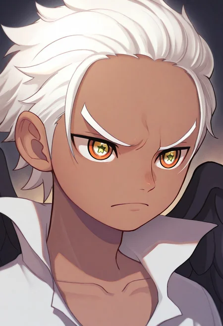 masterpiece, absurdres, high quality, perfect anatomy, 1boy, solo, cute boy, male focus, SHawk, White Hair, Orange Eyes, Star-Shaped Pupils, dark Skin, Black Wings, portrait, closeup, collarbone