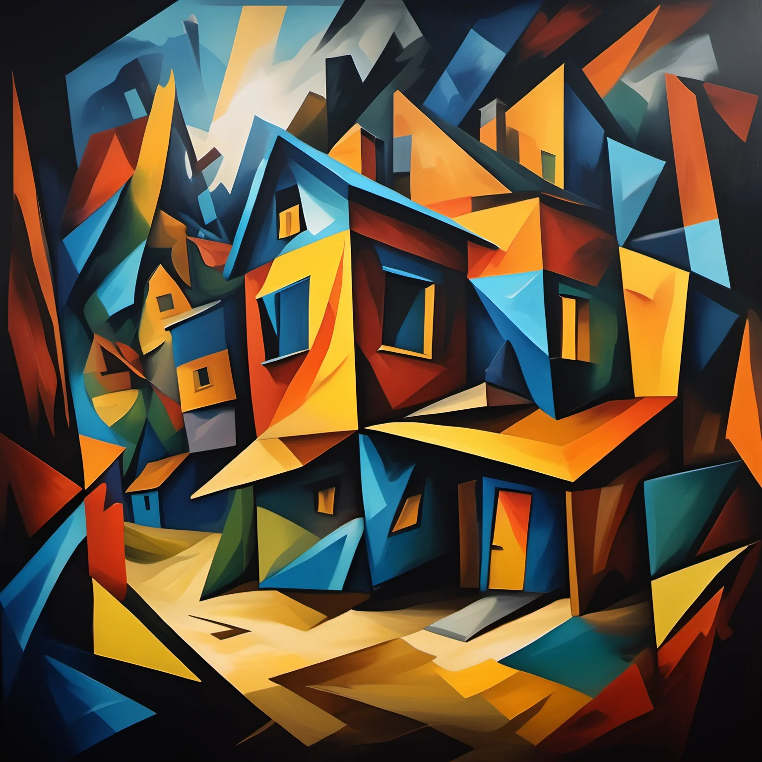 cubsimart, painting,<lora:CubismArt:1>, Wide angle, chaotic cabin in background. vibrant, photorealistic, realistic, dramatic, dark, sharp focus, 8k.