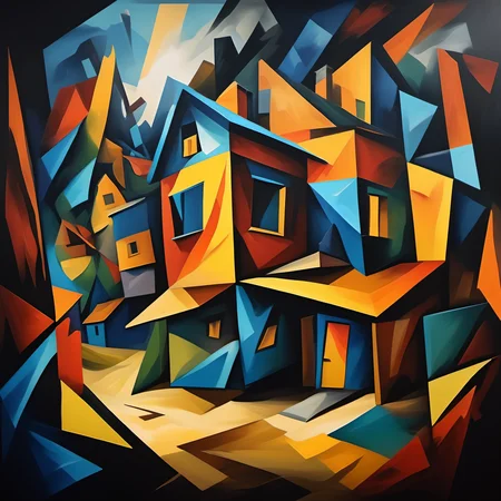 cubsimart, painting,<lora:CubismArt:1>, Wide angle, chaotic cabin in background. vibrant, photorealistic, realistic, dramatic, dark, sharp focus, 8k.