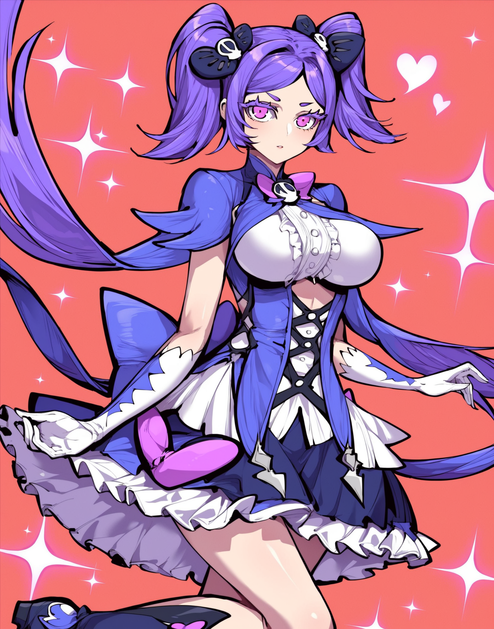 score_9,score_8_up,source_anime,(anime styal:1.1),anime,rating_explicit,1girl,<lora:lanmei-000032:1>,Lanmei haoxiongdi,twintails,purple hair,pink eyes,solo,perfect face,bedutiful eyes,<lora:DetailedEyes_V3:1>,slim waist,<lora:add-detail-xl:2>,<lora:ClearHand-V2:1>,magical girl,bow,gloves,white gloves,boots,breasts,purple bow,dress,skull hair ornament,looking at viewer,hair ornament,large breasts,black bow,black footwear,hair bow,heart,dress,(looking at viewer:1.1),blue sky,standing,Sexy pose,elegant,flying,