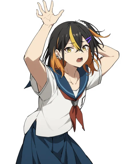 score_9,score_8_up,score_7_up,simple background,white background,looking at viewer,full body,open mouth,blue serafuku,blue sailor,sailor collar,sailor skirt,armpit cutout,
<lora:naina_pony:0.6>,naina,1girl,solo,black hair,multicolored hair,hairclip,hair ornament,yellow eyes,blonde hair,mole under eye,mole,ear piercing,collarbone,medium hair,hair between eyes,piercing,bangs,orange hair,streaked hair,two-tone hair,jewelry,anime screencap,<lora:Anime_Screencap:1>,