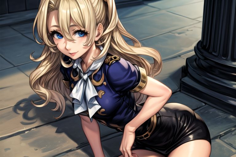 masterpiece, Lily Kokoschka , best quality, best quality, ultra-detailed, highres,sharp focus,(ultra detailed,extremely detailed), 1girl,(masterpiece, best quality), LilyKOKOSCHKA, 1girl, solo, long hair, small breasts, blonde hair, Blue eyes, Deep Blue eyes, hair between eyes, uniform, ascot, wavy hair, eyes visible through hair, white ascot, Skirt, hungry clicker,  outdoors, street, cowboy shot, leaning forward, , brutal smile, Best Quality, masutepiece0Beautiful face0Strong-minded woman0sitting