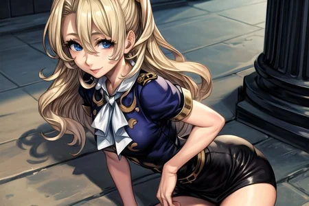 masterpiece, Lily Kokoschka , best quality, best quality, ultra-detailed, highres,sharp focus,(ultra detailed,extremely detailed), 1girl,(masterpiece, best quality), LilyKOKOSCHKA, 1girl, solo, long hair, small breasts, blonde hair, Blue eyes, Deep Blue eyes, hair between eyes, uniform, ascot, wavy hair, eyes visible through hair, white ascot, Skirt, hungry clicker,  outdoors, street, cowboy shot, leaning forward, , brutal smile, Best Quality, masutepiece0Beautiful face0Strong-minded woman0sitting