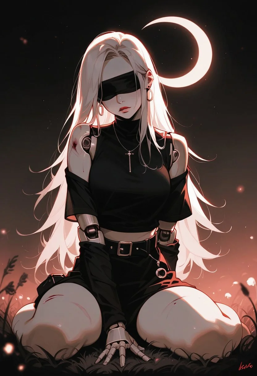 (score_9, score_8_up, score_7_up), (my nameisyoon), (nixeu:0.8), ((kuroihato)),night, dark sky, crescent moon, constellations, glowing lake, minimalism, (warm light, beautiful lighting, blurry:1.5), sad look, (((dark theme))), monochrome, 🌈, 🌙, 1girl, solo, looking away, sitting on grass, android, pale skin, (robot joints:2), ((bandaged arm, bandages, realistic blindfold, white blindfold, bloody bandage)), white hair, long hair, straight hair, no shoes, barefoot, mini skirt, black skirt, shirt, black sweater, long sleeves, bare shoulders, full body, off-the-shoulder shirt, belt, black belt, buttons, depth of field, ammunition pouch