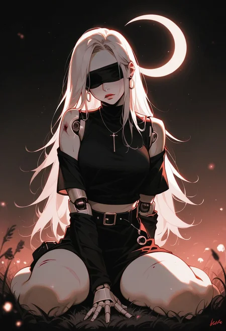 (score_9, score_8_up, score_7_up), (my nameisyoon), (nixeu:0.8), ((kuroihato)),night, dark sky, crescent moon, constellations, glowing lake, minimalism, (warm light, beautiful lighting, blurry:1.5), sad look, (((dark theme))), monochrome, 🌈, 🌙, 1girl, solo, looking away, sitting on grass, android, pale skin, (robot joints:2), ((bandaged arm, bandages, realistic blindfold, white blindfold, bloody bandage)), white hair, long hair, straight hair, no shoes, barefoot, mini skirt, black skirt, shirt, black sweater, long sleeves, bare shoulders, full body, off-the-shoulder shirt, belt, black belt, buttons, depth of field, ammunition pouch