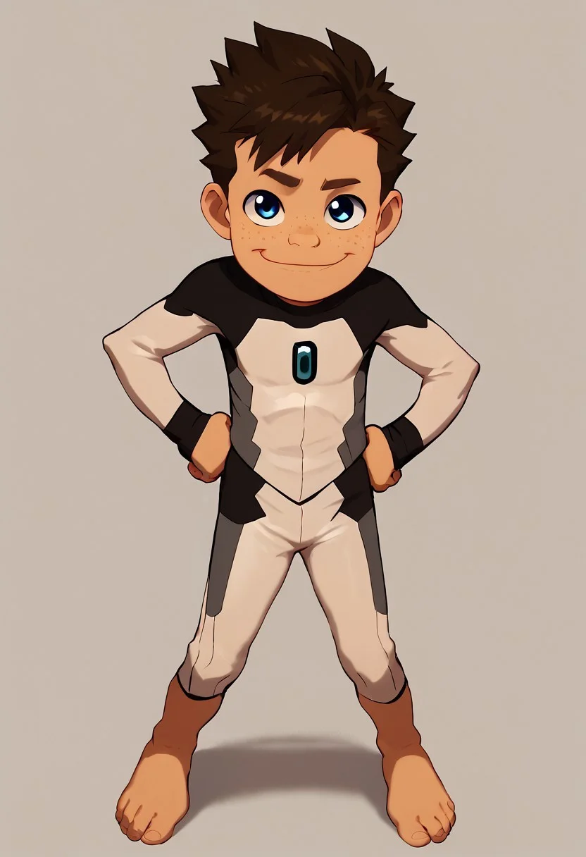 score_9, score_8_up, score_7_up,1boy, solo, cute boy, Koji, Blue Eyes, Brown Hair, Freckles, Bodysuit, Barefoot, hands on hips, smug smile, PONYXL_AlexRoss_ComicArt_ownwaifu