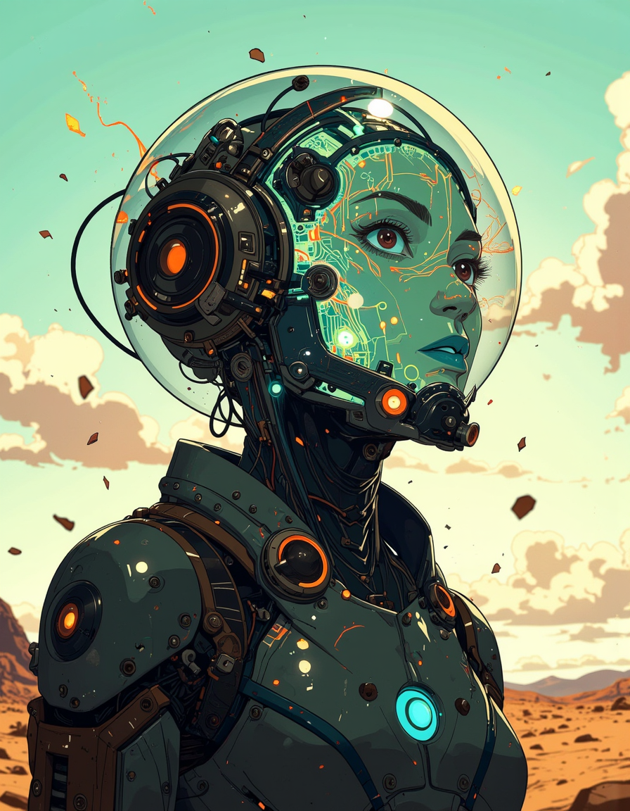 Anime style. The image features a futuristic, humanoid figure standing against a bright, ethereal backdrop, possibly a desert or barren landscape under a clear sky. The figure's head is entirely transparent, resembling a glass dome, revealing a complex network of circuitry and microchips. The head radiates light from within, with vibrant electronic pathways illuminated, creating a glowing, ethereal aura. Sparks and fragments appear to drift away, suggesting either construction or disintegration. The body is cloaked in dark, tattered fabric, intertwined with exposed wires and cables, hinting at a blend of organic and synthetic elements. This visual portrays a cybernetic being caught between worldsâmelding technology with a hint of human formâevoking themes of identity, transformation, and the blurred lines between man and machine.