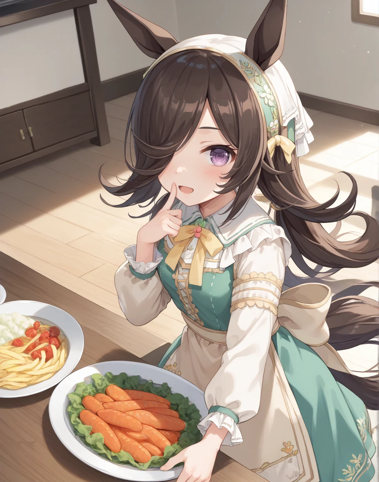 score_9, score_8_up, score_7_up, official art, masterpiece, high quality, megami magazine, official style, game cg, 1girl, (looking at viewer:1.4), (open mouth:1.0), , expressionless, blush, finger to mouth, from behind, simple background,,
rcs ydf, rice shower (umamusume), rice shower (yummy dreamy fairy) (umamusume), alternate costume, alternate hairstyle, animal ears, apron, blush, brown hair, dress, green dress, hair ornament, hair over one eye, horse ears, horse girl, horse tail, long hair, long sleeves, low twintails, official alternate costume, official alternate hairstyle, print dress, tail, twintails, violet eyes, <lora:umamusume_rice_shower2_pony_v1:1>,
(hair over one eye:1.2), ,