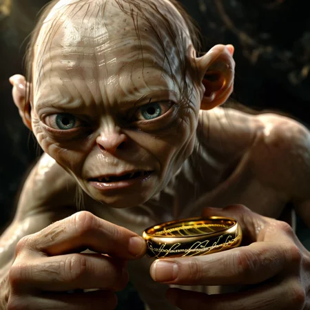 Gollum admiring the One Ring amidst the Rings of Power. Gollum character, intense fascination, precious ring, mythical rings, dark and mysterious setting, glowing inscription, obsession and desire, ancient artifact, twisted creature, fantasy genre, digital artwork, fantasy realism style, reference artist: John Howe, intricate details, magical aura, dramatic lighting, shadows and highlights, surreal atmosphere, high-quality rendering, captured digitally, focus on the ring's allure and Gollum's mesmerized expression.