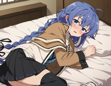 score_9, score_8_up, score_7_up, source_anime,
roxymigurdia, <lora:roxy-migurdia-s1-ponyxl-lora-nochekaiser:1>,
roxy migurdia, ahoge, black ribbon, blue eyes, blue hair, braid, hair between eyes, hair ribbon, long hair, twin braids, very long hair,
black legwear, black skirt, capelet, jacket, brown jacket, long sleeves, miniskirt, open clothes, open jacket, pleated skirt, skirt, white capelet, white footwear, white jacket,
indoors, bed, bed room, on side, blush, drunk,
looking at viewer, dutch angle, cowboy shot,