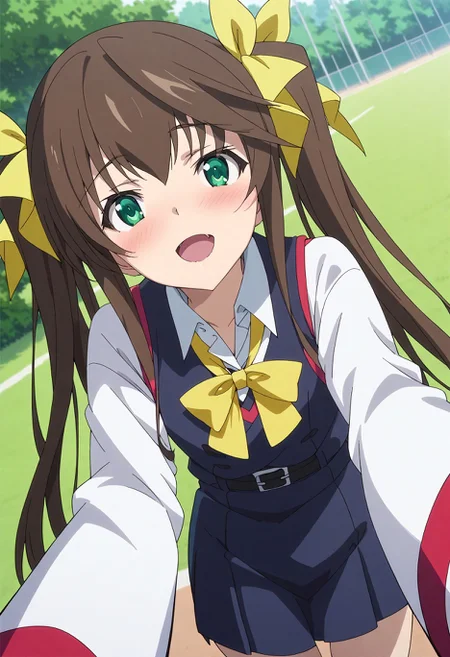 score_9, score_8_up, score_7_up, source_anime, masterpiece, best quality,perfect anatomy,rating_explicit,rin, black school outfit,yellow ribbon,looking at viewer,pov,outdoor,blushing,dutch angle <lora:rin.pony:1>