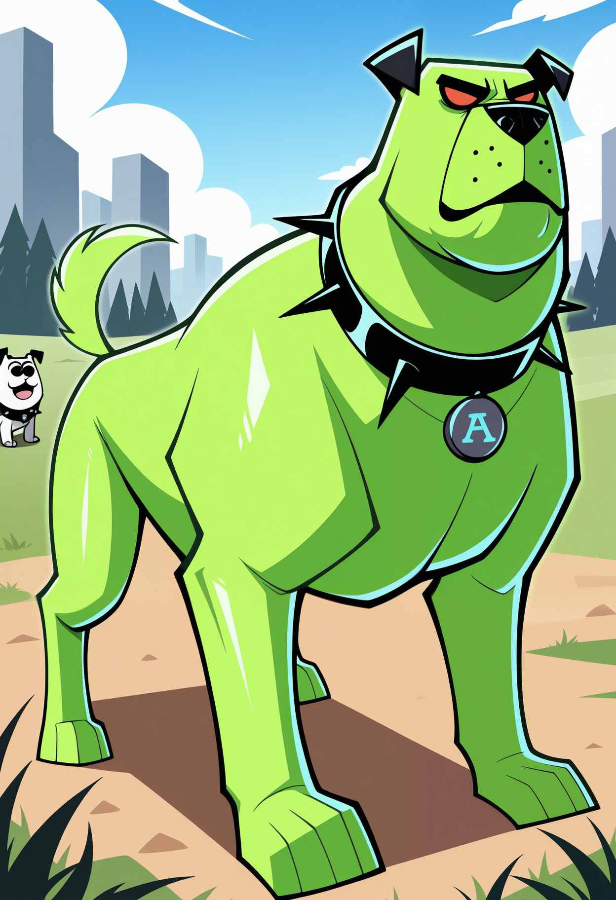 masterpiece,best quality,amazing quality, cuj0, dog, feral, green skin, red sclera, no pupils, spiked collar, tail, bara, full body, outside,