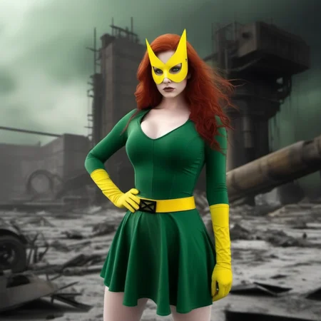 Dystopian style a fullbody skinny with big breast redhead woman wears a green dress and a yellow mask, powerfull superhero <lora:MarvelGirl1024:0.8> . Bleak, post-apocalyptic, somber, dramatic, highly detailed
