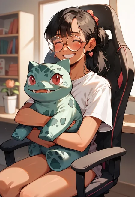 score_9, score_8_up, score_7_up, score_6_up, <lora:p3tl0v3XLP:1> p3tl0v3, 1girl, 26yo, black hair, asian. tan skin, round glasses, in room, sitting on pink gaming chair, hugging cute pig plushie, smiling, bulbasaur shirt