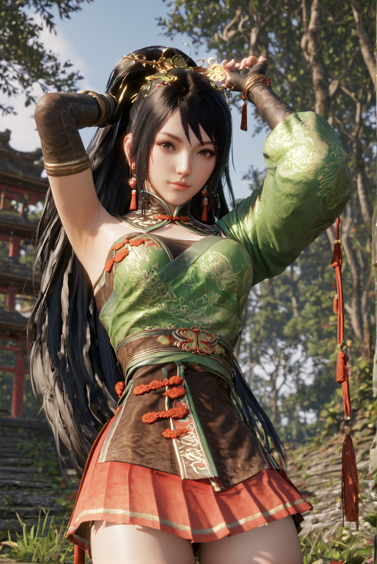 score_9, score_8_up, score_7_up, 3D, 1 girl, solo, black hair, long hair, jewelry, gloves, earrings, skirt, outdoors, hair ornament, brown eyes, chinese clothes, looking at viewer, arms up, <lora:Guan_Yiping_Dynasty_Warriors:0.8>