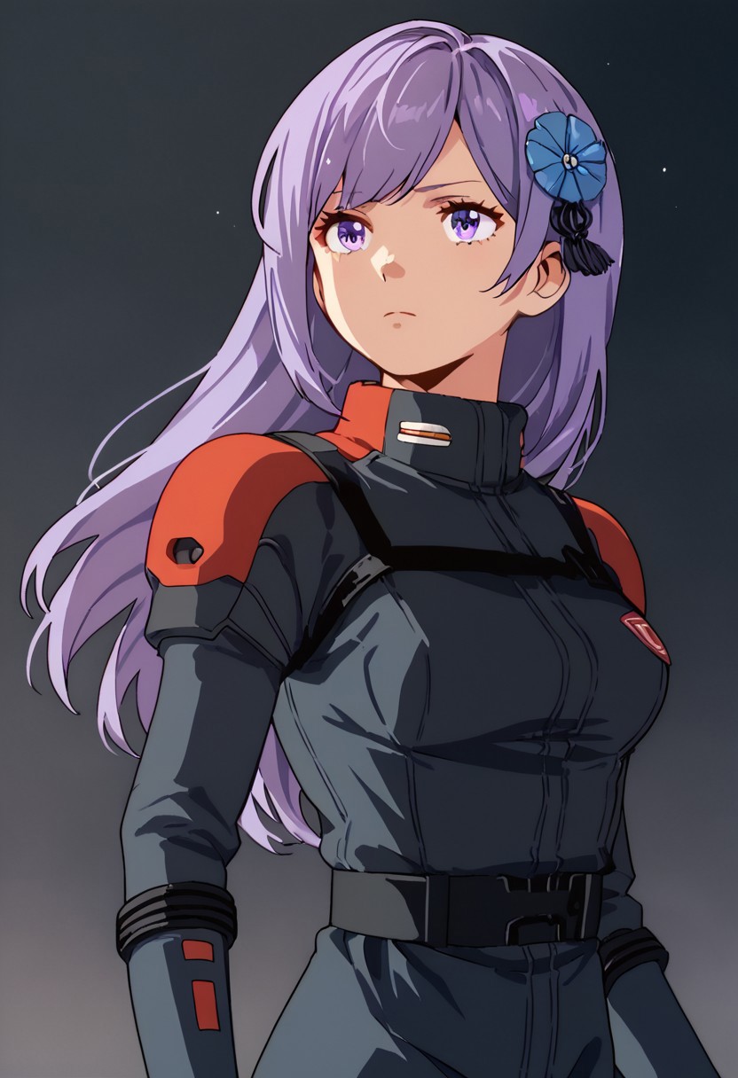 zPDXL3, asano_ruri, purple eyes,  long hair, purple hair, hair ornament,  virtual youtuber,bangs,hair flower, bridal gauntlets,medium breasts,black spacesuit, black gloves,