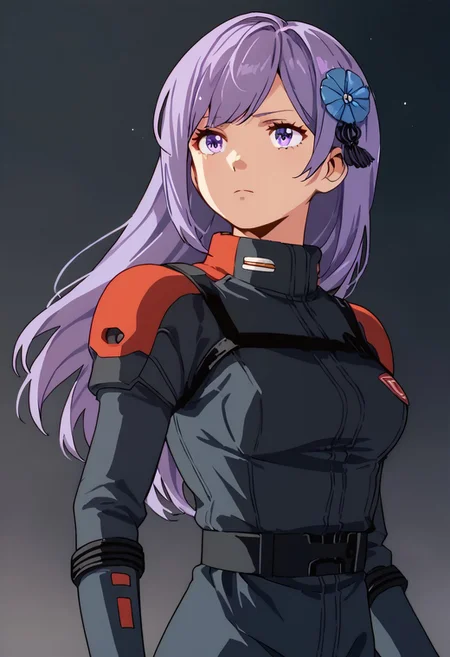 zPDXL3, asano_ruri, purple eyes, long hair, purple hair, hair ornament, virtual youtuber,bangs,hair flower, bridal gauntlets,medium breasts,black spacesuit, black gloves,