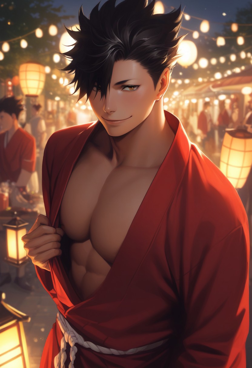 score_9, score_8_up, score_7_up, source_anime, rating_explicit, pecs, Kuraikyu, 1boy, male focus, dark-red yukata, smiling, looking at viewer, blurry outdoor lantern festival, food stalls, hands with five fingers, warm bokeh, from above, realistic lighting,