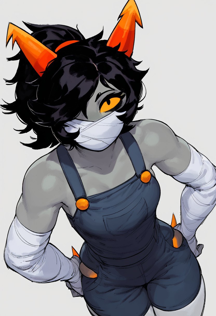 score_9, score_8_up, score_7_up, 1girl, Polypa Goezee, bandaged face, bandaged arms, bandaged legs, black hair, ponytail, small breasts, horns, yellow eyes, petite, muscular, hands on hips, looking at viewer, raised eyebrow, bandages over eye, black overalls, looking at viewer, grey colored skin, white background, homestuck troll