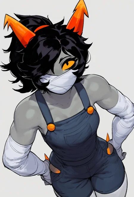 score_9, score_8_up, score_7_up, 1girl, Polypa Goezee, bandaged face, bandaged arms, bandaged legs, black hair, ponytail, small breasts, horns, yellow eyes, petite, muscular, hands on hips, looking at viewer, raised eyebrow, bandages over eye, black overalls, looking at viewer, grey colored skin, white background, homestuck troll