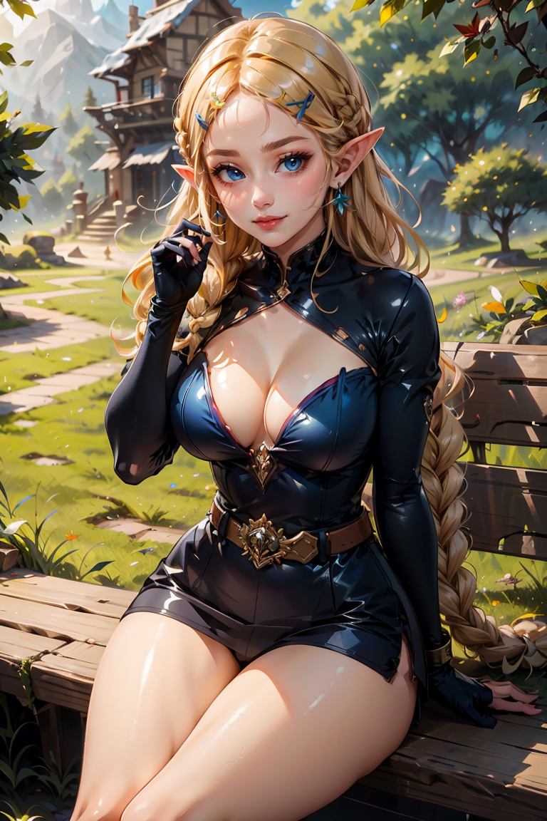 1girl, solo, long hair, breasts, looking at viewer, smile, bangs, blue eyes, blonde hair, large breasts, hair ornament, gloves, long sleeves, cleavage, jewelry, sitting, very long hair, closed mouth, braid, sidelocks, thighs, earrings, outdoors, shorts, day, pointy ears, black gloves, hairclip, shiny, belt, fingerless gloves, lips, parted bangs, leaf, grass, forehead, bench, princess zelda,<lora:EMS-301994-EMS:0.800000>