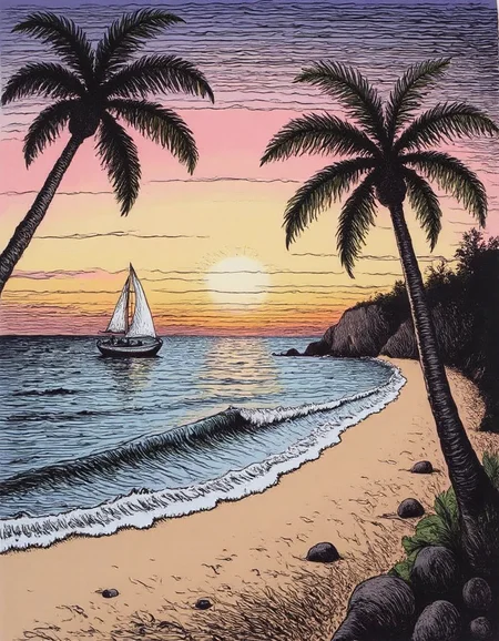 illustration of a beach with palm trees , sailboat in the distance, waves crashing on the beach, sunset in the background, in the style of r0b3rt_crum8