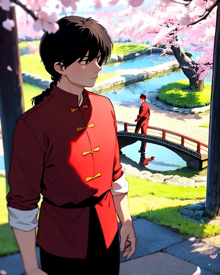 best quality, masterpiece,oyu, <lora:ranma_v1_1:0.8>, ,cowboy_shot, (red chinese clothes), with cherry blossoms and a japanese garden in the background, (black pants)