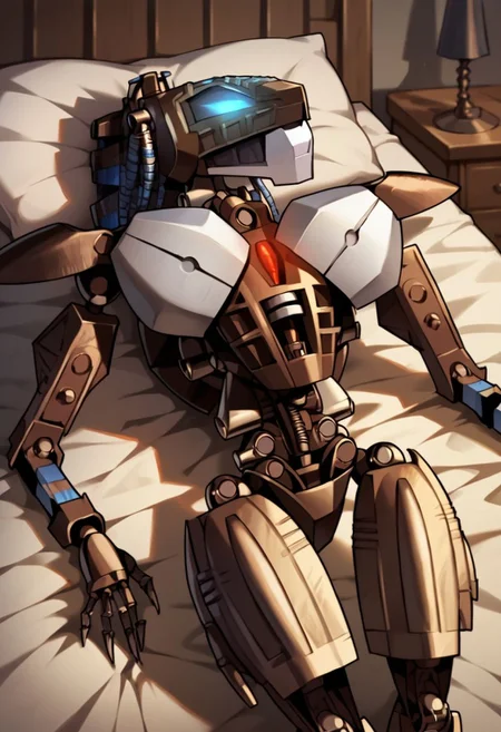 score_9, score_8_up, 1girl, masterpiece, roodaka, robot, mecha, large breasts, blue eyes, glowing eyes, joints, indoors, bed, lying, on back