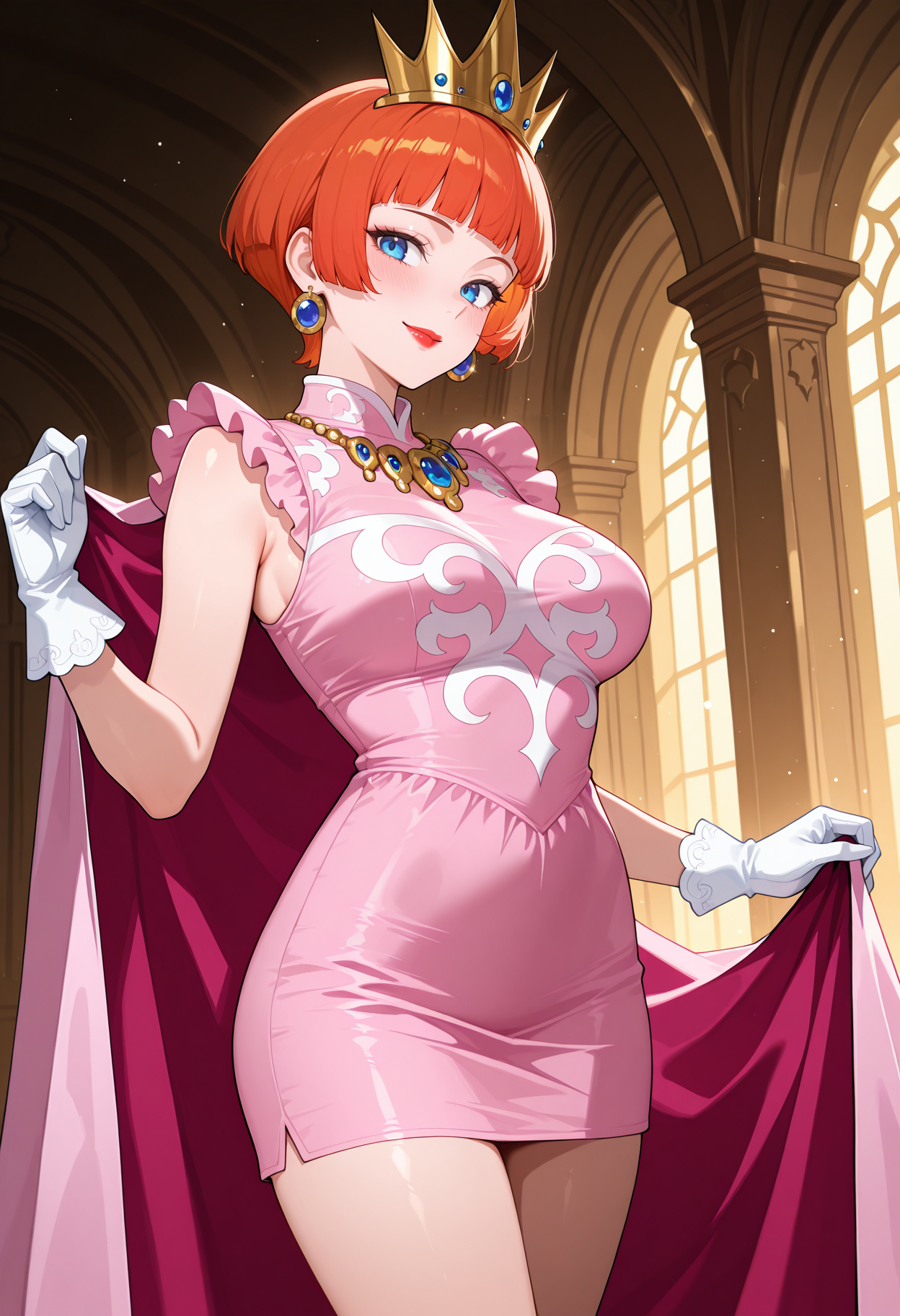 highres, best quality, masterpiece,
indoors, light particles, 
1girl, solo,
wlshkmtr, short hair, blunt bangs, bobcut, red hair, orange hair, blue eyes, mature female, lipstick, earrings, crown, pink dress, necklace, frilled sleeves, pink frills, sleeveless, pink cape, print dress, white gloves, short dress,
looking at viewer, blush, smile,
holding cape, standing, hand on own hip, sideways glance, 
<lora:_princess_shokora-elesico-ilxlA:1>