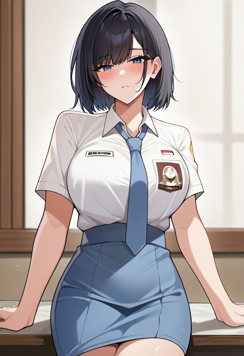 score_9, score_8, score_7, source_anime, ihsu, 1girl, shirt, solo, looking at viewer, skirt, short sleeves, blush, necktie, black hair, large breasts