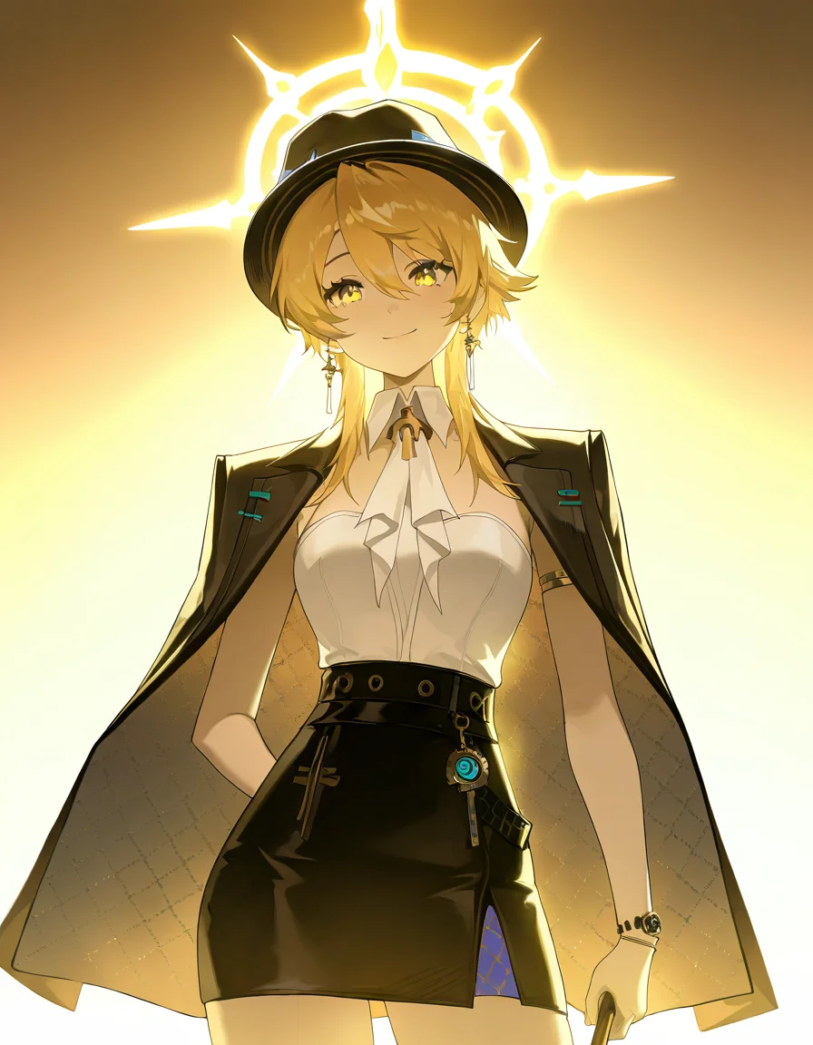 1girl,luyou,solo,looking at viewer,simple background,white background,<lora:luyou-000016:1>,smile,cowboy shot,hat,, masterpiece, best quality, very aesthetic, absurdres,newest, incredibly absurdres,, ((((very awa)))),((golden light)),(diffuse reflection:1.3),{best quality, amazing quality, very aesthetic,absurdres,realistic,reverse light,golden light,},best quality,amazing quality,very aesthetic,absurdres