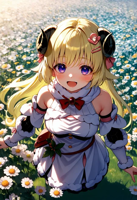 masterpiece, best quality, 1girl, solo, tsunomaki watame, tsunomaki watame \(1st costume\), smile, outdoors, flower field, from above, spread arms, :d, blush, <lora:ChamIllustriousBackgroundEnhancer:1>
