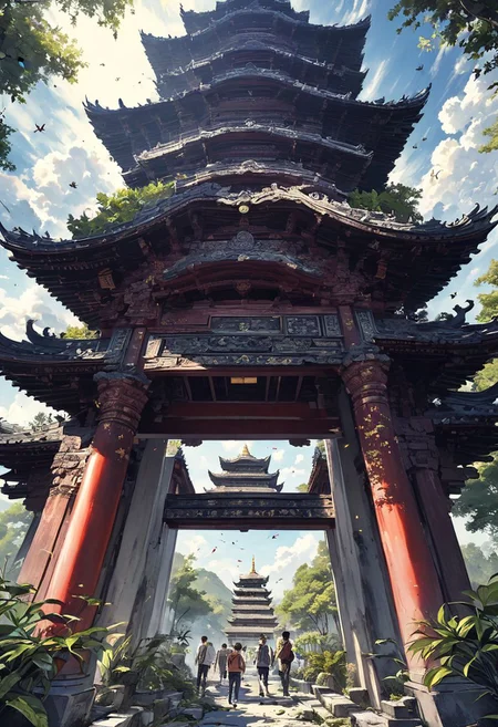 bug, sky, pagoda,temple, torn pants, multiple boys, forehead mark, blurry, plant