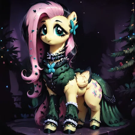 score_9, score_8_up, score_7_up, score_6_up, high resolution, hight detailed, intricate detail, detailed, (((feral pony))), solo, fluffy, fur, cute face, cute, wide hips, wide thighs, dark theme, full body, female pony, mare, ((fluttershy)), gothic, ((black streak)), hair over one eye, looking to the viewer, standing, The green dress, blue butterfly solo ((garden)) Christmas tree and lights