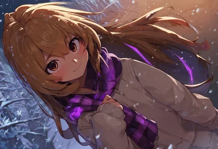 score_9, score_8_up, score_7_up, score_6_up, Aisaka_Taiga, 1girl, perfect face, cute, petite, brown eyes, colored inner hair, glowing hair, long hair, purple glowing scarf, white sweater, winter, snowing, glowing snowflakes, blush, shy smile, shy look, night, dimmed light, snow, from above, fisheye, blizzard, wind, love eyes, forest, path, moonlight, snowdrift, dynamic angle, softlight passing through hair