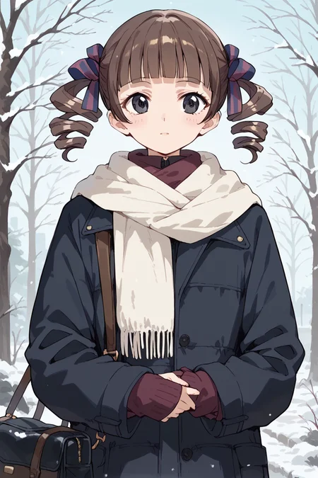 score_9, score_8_up, score_7_up, score_6_up,
<lora:Touko_Matsudaira:0.9> touko, 1girl, solo, scarf, drill hair, twin drills, tree, twintails, blunt bangs, brown hair, long sleeves, bangs, coat, black eyes, bag, hair ribbon, winter