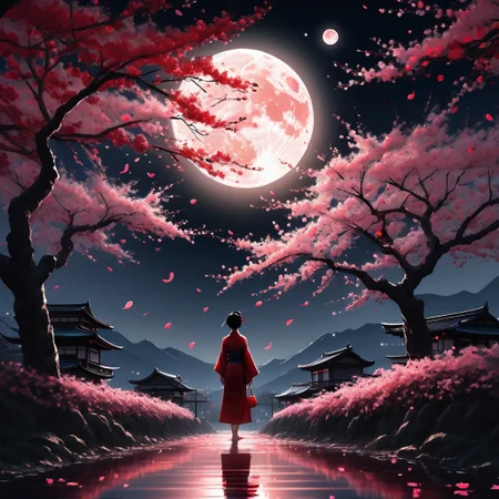 A serene night in the Japanese countryside, (person looking up) at a bright full moon, (moonlight illuminating) the figure and the surrounding cherry blossom trees in full bloom, (petals gently falling) create a tranquil atmosphere, (red and black aesthetic), ultra-detailed, cinematic lighting, enchanting ambiance, softly glowing moonlit sky, delicate petals dancing in the breeze, peaceful and reflective mood.