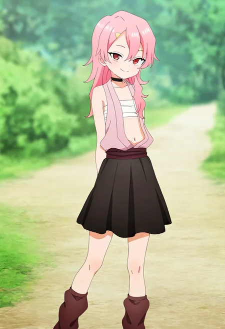 blurred background,
smile,
looking at viewer,
solo,
benisumomo, long hair, hair ornament, red eyes, pink hair, hairclip, flat chest,, navel, japanese clothes, choker, black choker, sarashi, chest sarashi, black skirt, brown socks,
standing,
masterpiece,best quality,good quality,newest,
