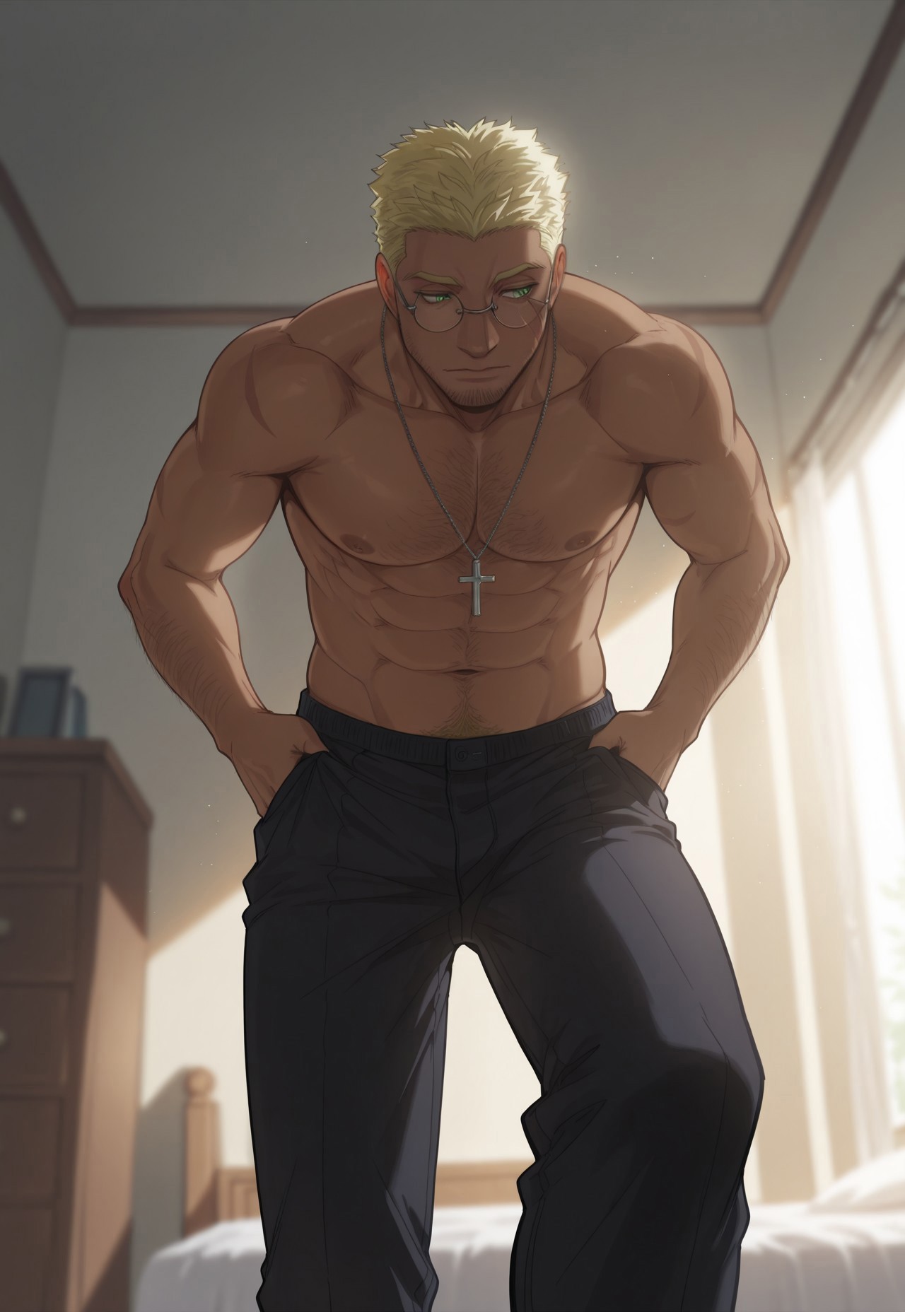safe_pos, masterpiece, best quality, very aesthetic,
AlexanderAnderson, 1boy, solo, blonde hair, short hair, facial hair, green eyes, scar on cheek, glasses, cross necklace, topless male, dark skin, dressing, putting on pants, body hair, perspective, bedroom, sunlight,