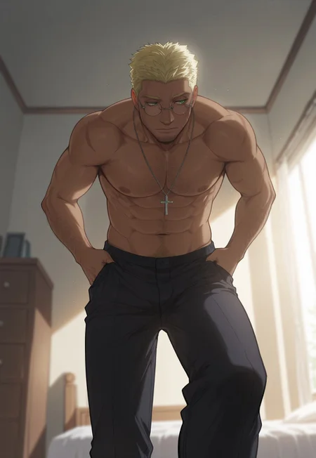 safe_pos, masterpiece, best quality, very aesthetic,
AlexanderAnderson, 1boy, solo, blonde hair, short hair, facial hair, green eyes, scar on cheek, glasses, cross necklace, topless male, dark skin, dressing, putting on pants, body hair, perspective, bedroom, sunlight,