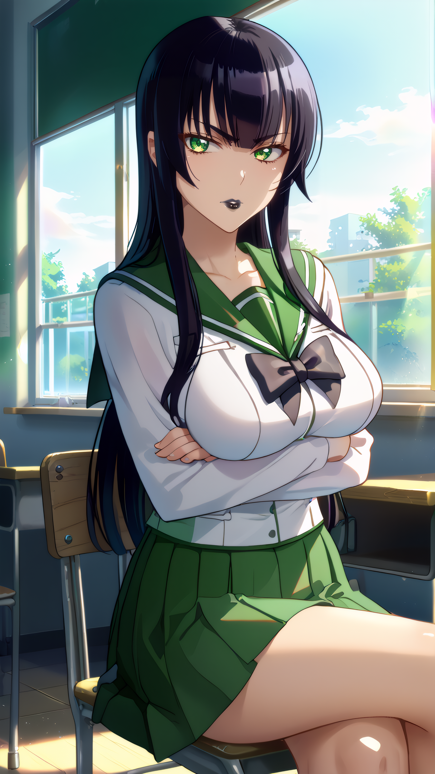 score_9, score_8_up, score_7_up, 1girl, looking at viewer, cowboy shot, mature female, <lora:Hotd_Artstyle_Dwnsty:1> , hotd-artstyle,
black hair, blunt bangs, straight hair, long hair, green eyes, hotd_school_uniform, school uniform, serafuku, green skirt, pleated skirt, black bowtie, 
lips, evil smirk, (black lips, make up, lipstick), frown, sitting, on chair, crossed legs, large breasts, 
classroom, school, indoors, chair, table, board, desk, window, <lora:HOTD_Uniform_Dwnsty-000008:1>